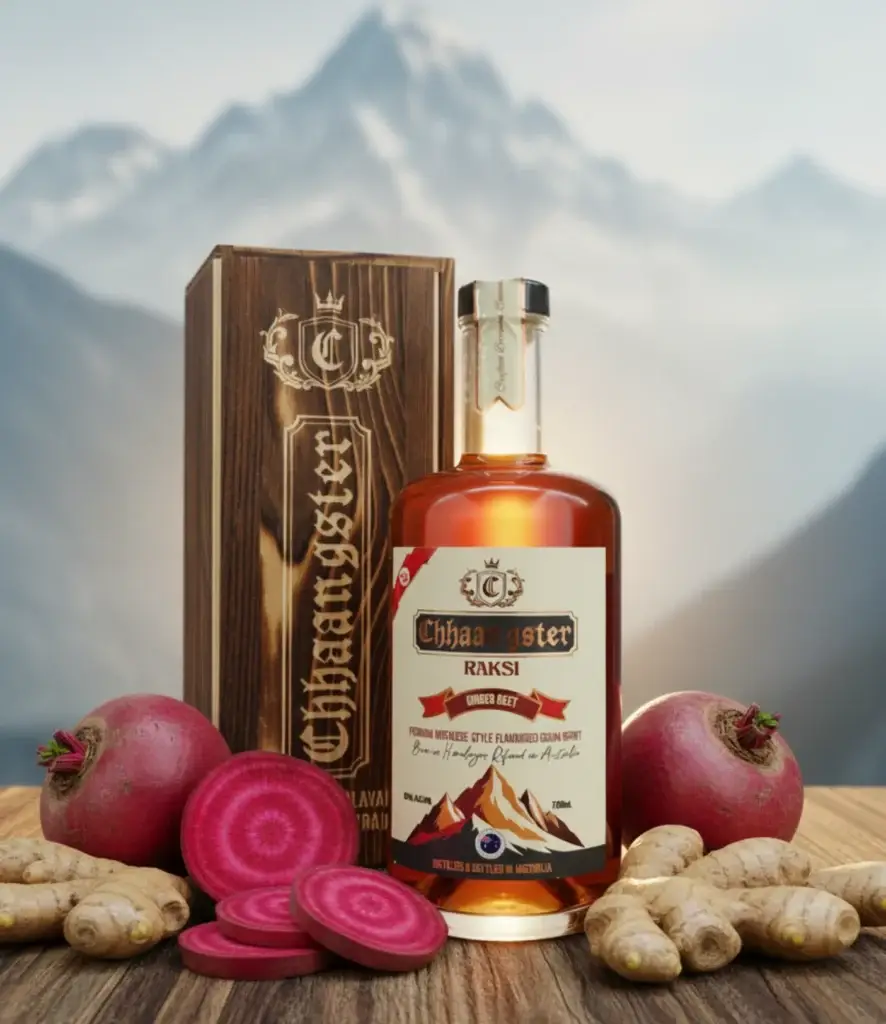 Chhaangster Ginger Beet Raksi 700ml bottle with fresh ginger roots and sliced beetroots, premium Nepali-style grain spirit, 43% ABV.