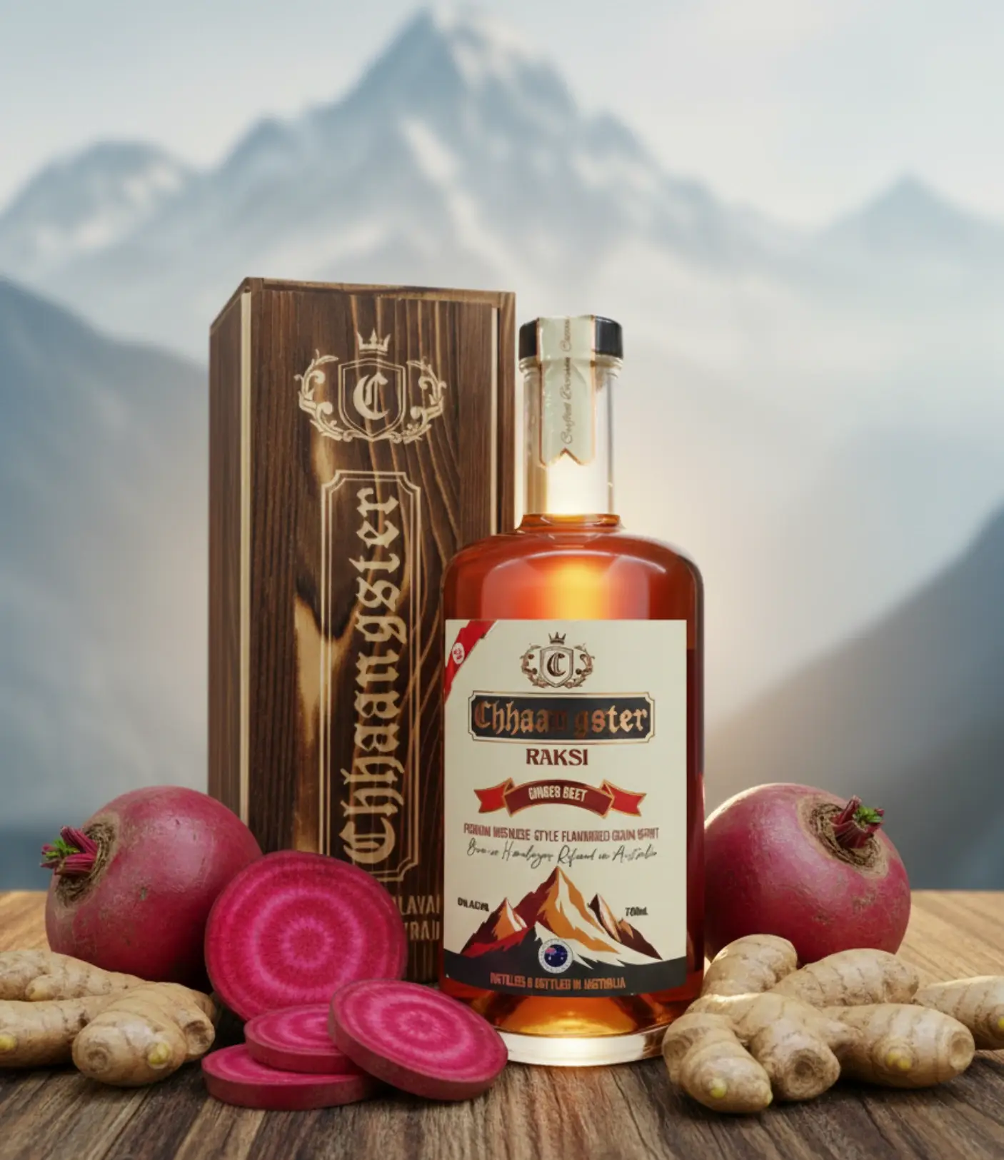 Chhaangster Ginger Beet Raksi 700ml bottle with fresh ginger roots and sliced beetroots, premium Nepali-style grain spirit, 43% ABV.