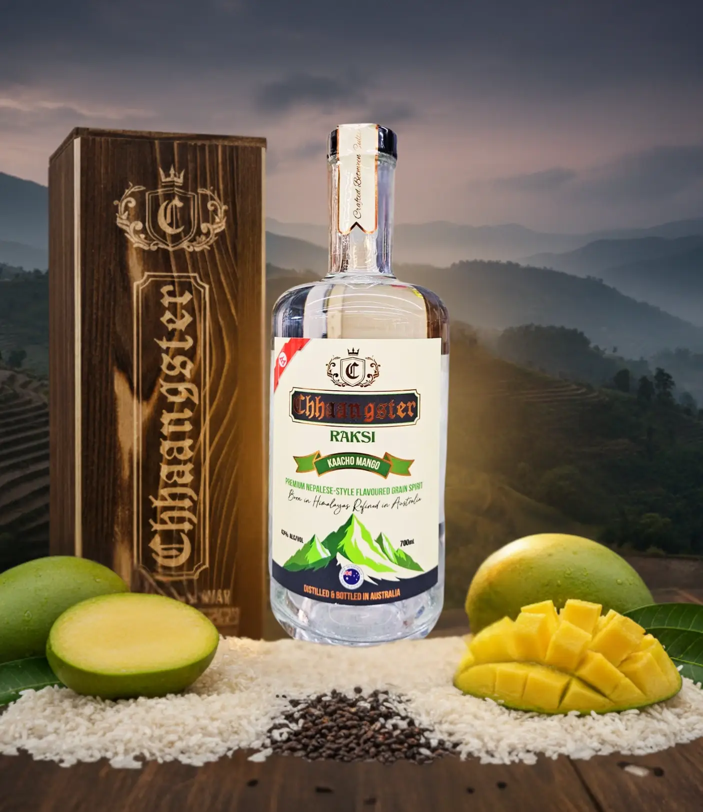 Chhaangster Kaacho Mango Raksi 700ml bottle with raw green mangoes, rice, and grains, premium Nepali-style flavoured grain spirit, 43% ABV.