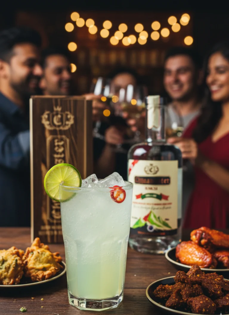 A refreshing Chilli Aila Twist cocktail made with Chhaangster Chilli Lime Raksi, garnished with lime and chilli slices, served with Nepali snacks and friends celebrating in the background.