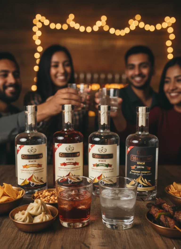 Friends enjoying Chhaangster Raksi together, with bottles of different variants on the table, served alongside momo, peanuts, grilled snacks, and cocktails.