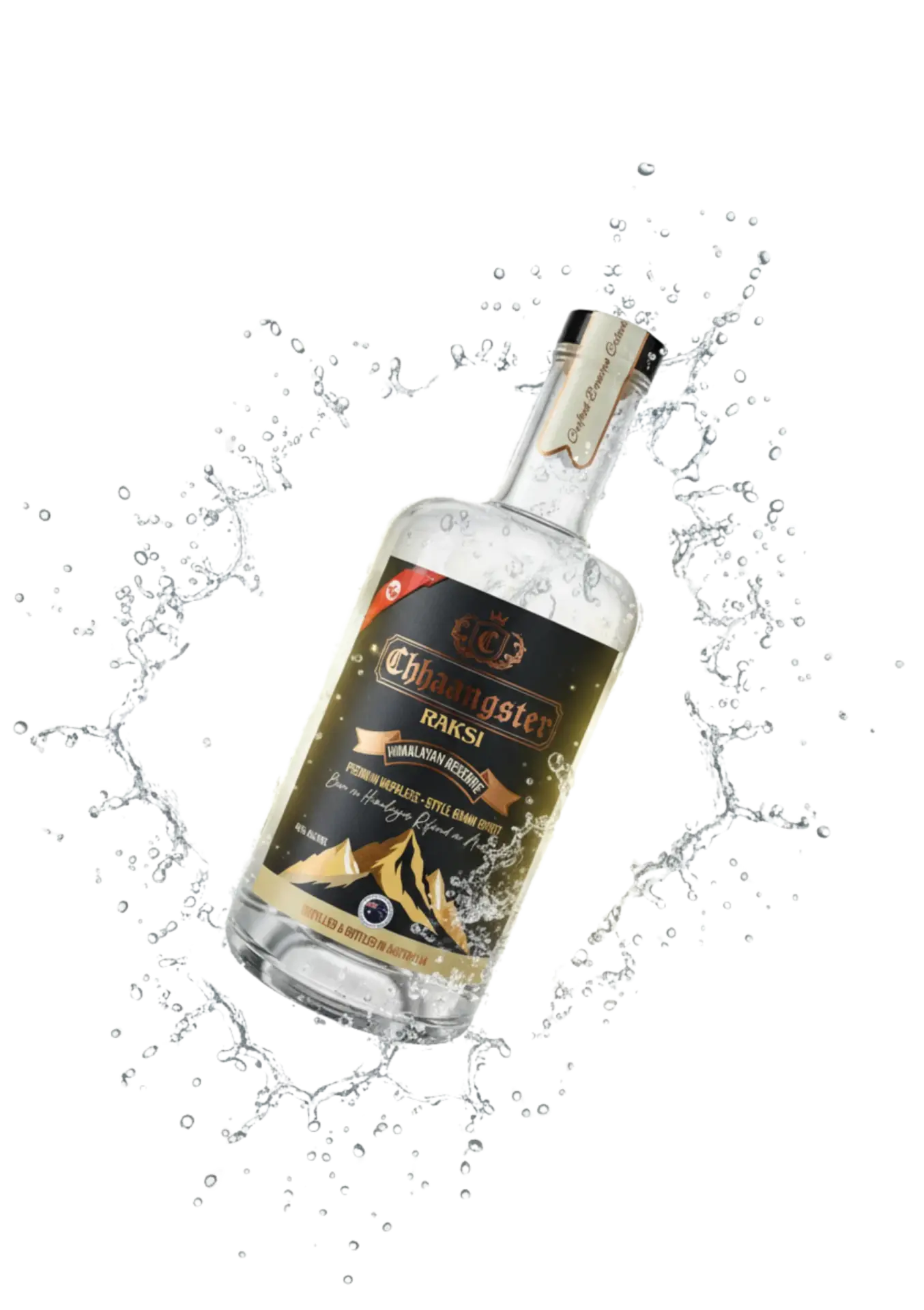Chhaangster Himalayan Reserve Raksi 700ml bottle with dynamic water splash effect, premium Nepali-style grain spirit, 43% ABV.