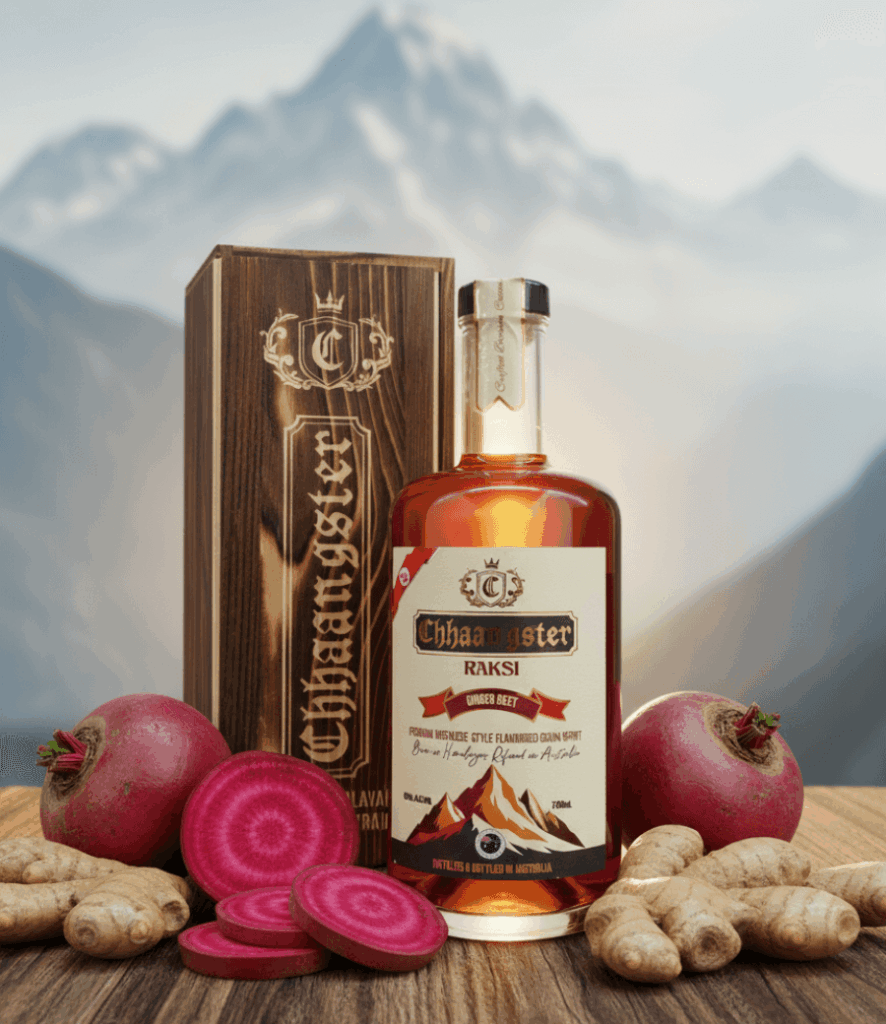 Chhaangster Ginger Beet Raksi 700ml bottle with fresh ginger roots and sliced beetroots, premium Nepali-style grain spirit, 43% ABV.