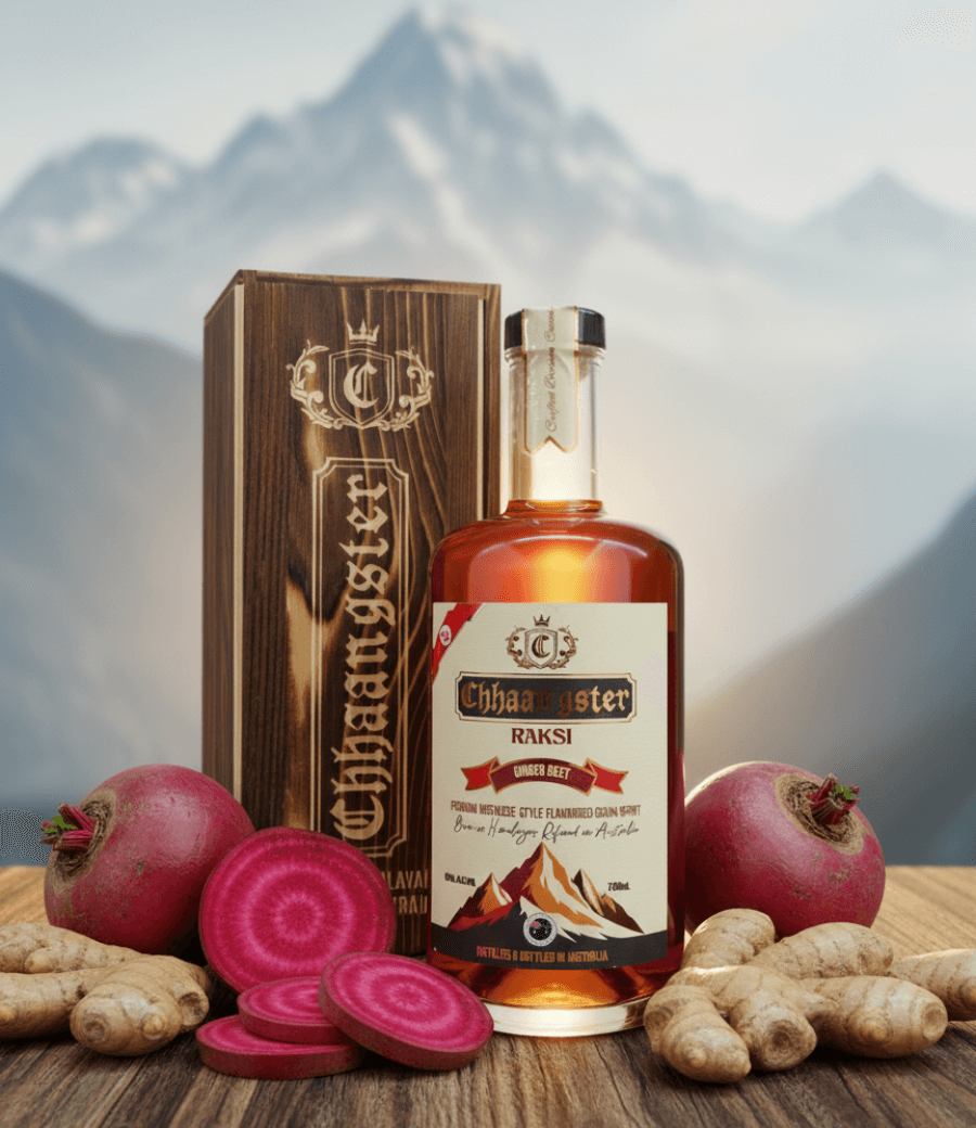 Home Chhaangster Ginger Beet Raksi 700ml bottle with fresh ginger roots and sliced beetroots, premium Nepali-style grain spirit, 43% ABV.