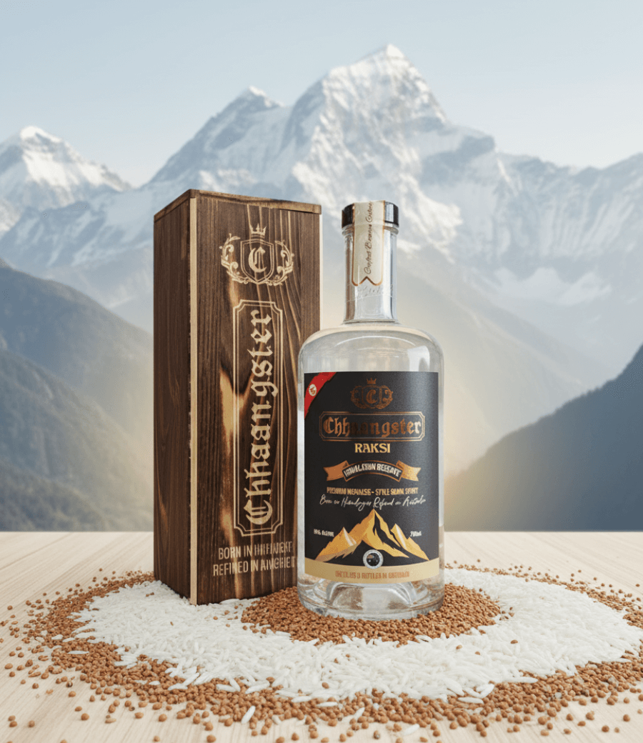 Home Chhaangster Raksi bottle and wooden box set against a Himalayan mountain backdrop