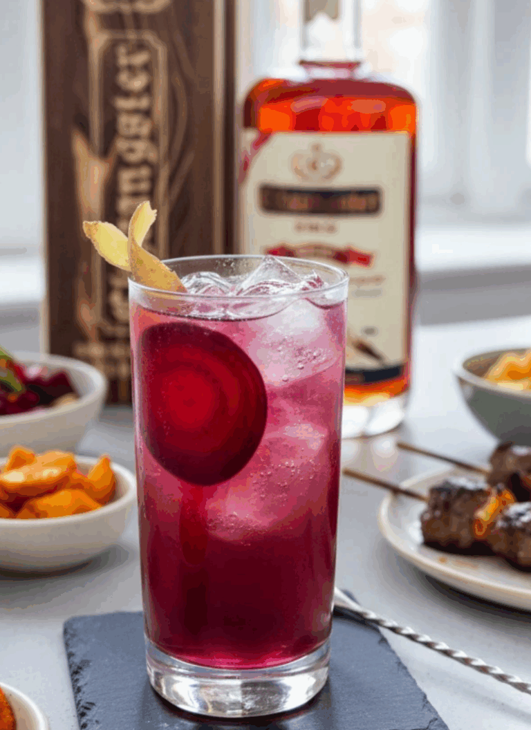 A vibrant red cocktail made with Chhaangster Ginger Beet Raksi, garnished with beetroot and ginger, served with Nepali snacks and grilled skewers.
