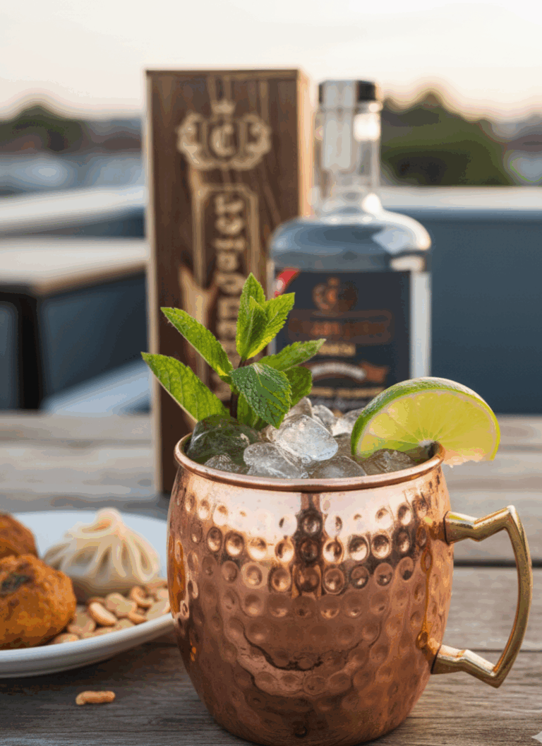 A copper mug filled with ice, mint, and lime, served as a Himalayan Mule cocktail made with Chhaangster Himalayan Reserve Raksi, with momo, peanuts, and the bottle in the background.