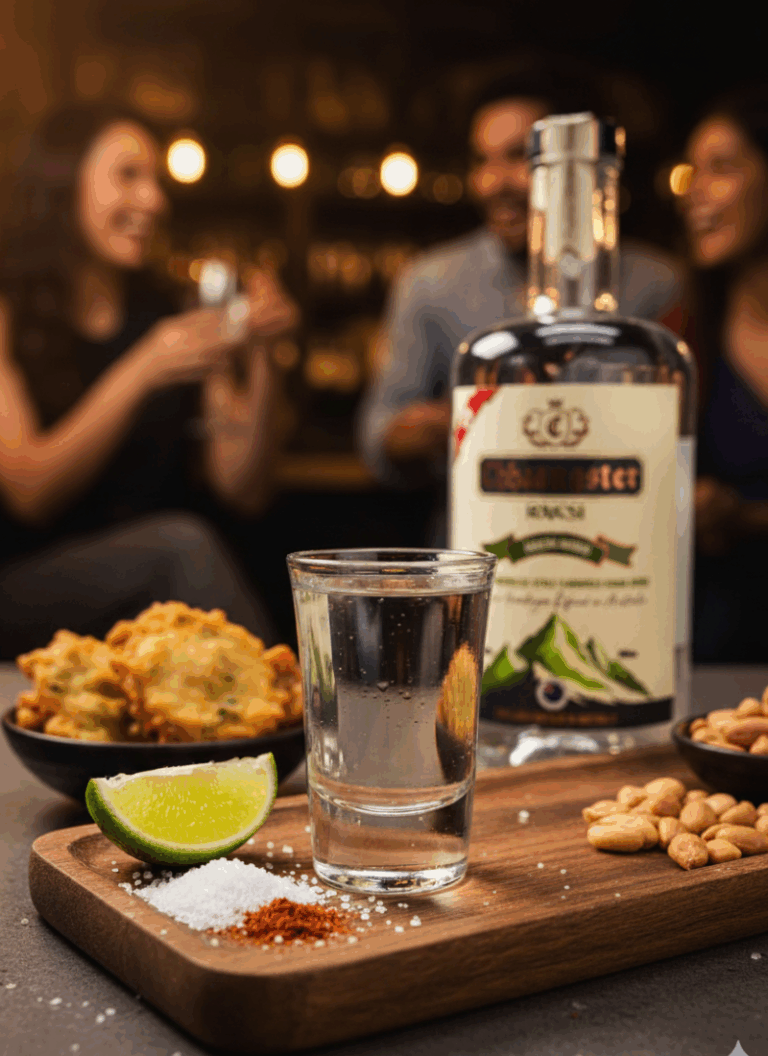 A shot of Chhaangster Kaacho Mango Raksi served with lime, salt, and chilli powder on a wooden tray, paired with Nepali snacks.