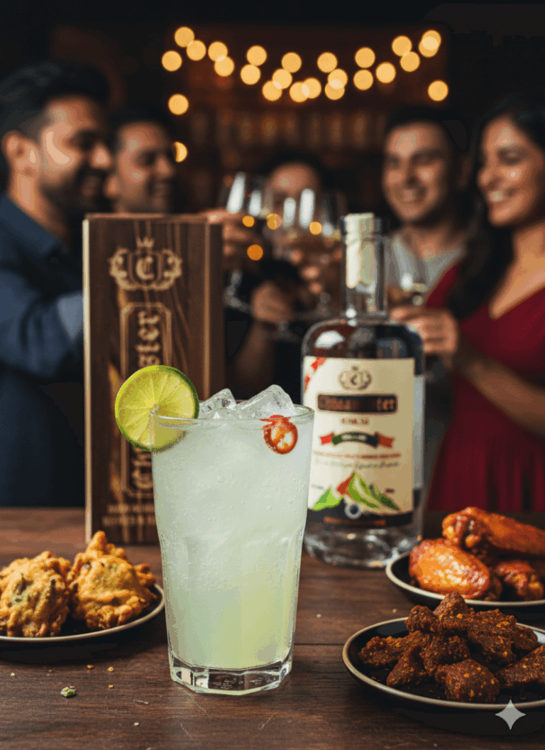 A refreshing Chilli Aila Twist cocktail made with Chhaangster Chilli Lime Raksi, garnished with lime and chilli slices, served with Nepali snacks and friends celebrating in the background.