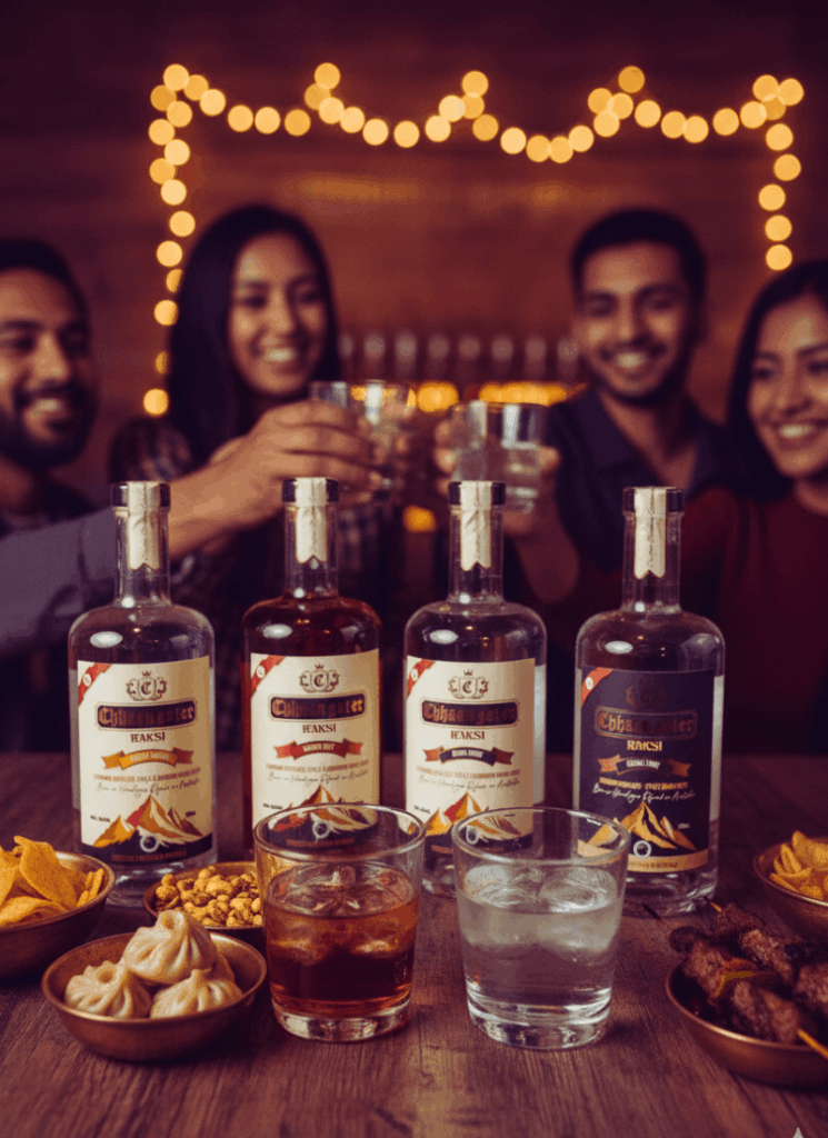 Friends enjoying Chhaangster Raksi together, with bottles of different variants on the table, served alongside momo, peanuts, grilled snacks, and cocktails.