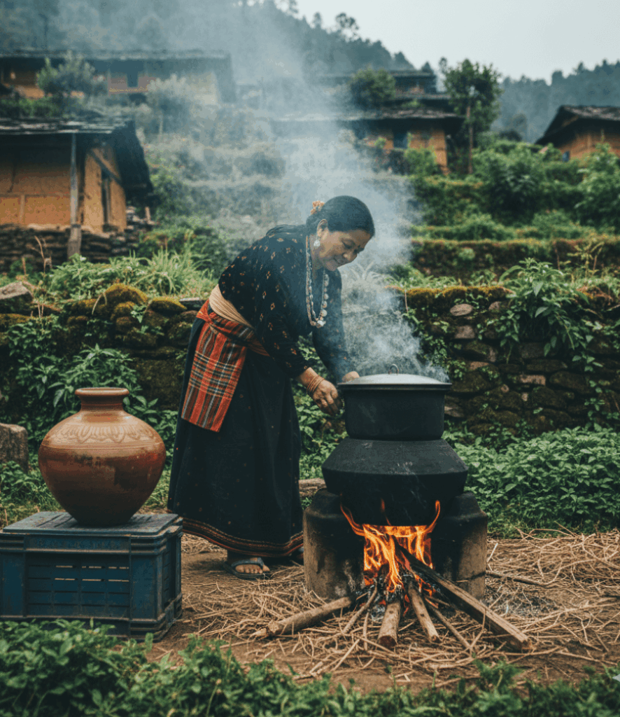 A Nepali woman in traditional attire distilling Raksi outdoors over an open fire, with earthen pots and smoke rising in a rustic mountain village setting.